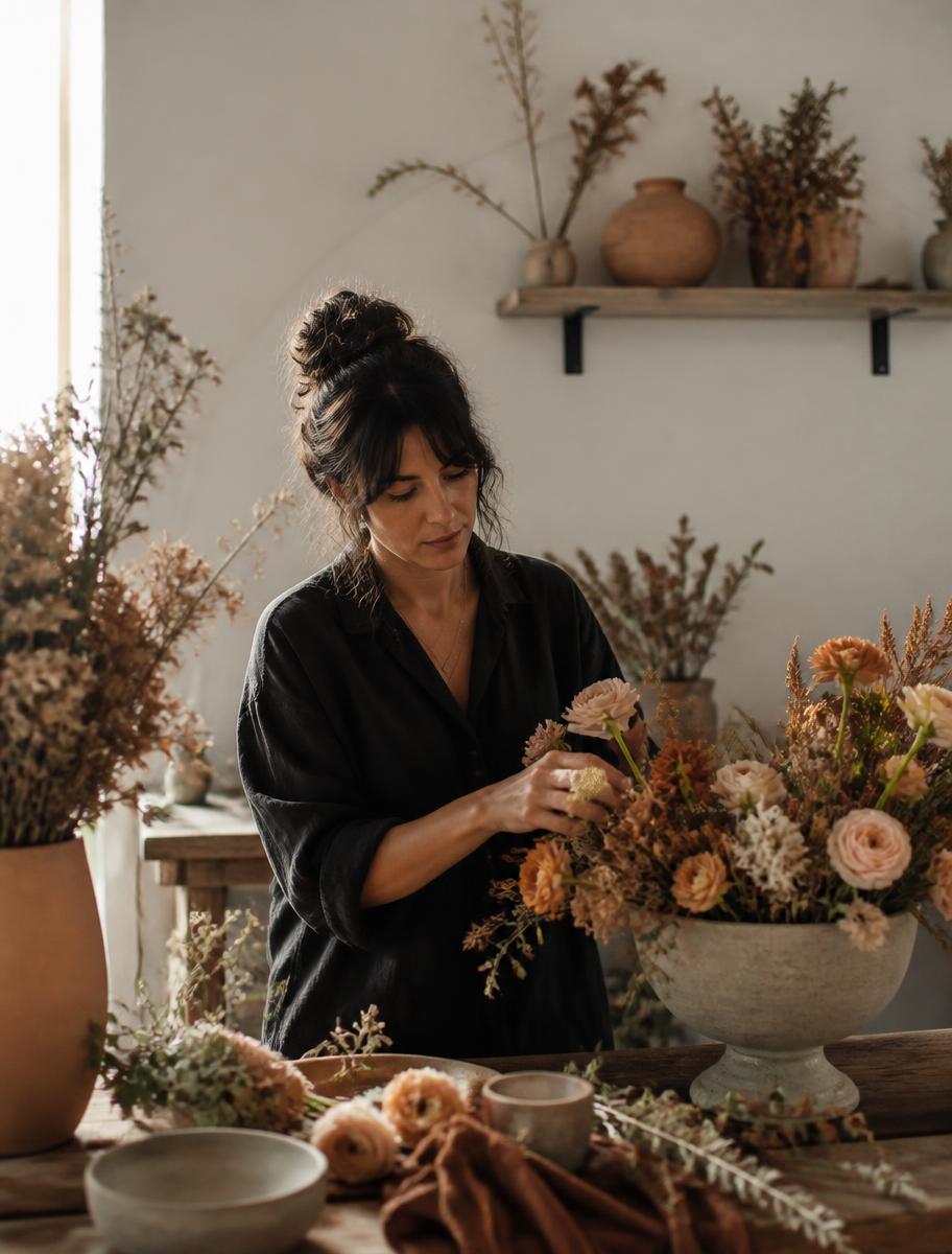 Mónica, fundadora de Molüa, componiendo un arreglo floral en el estudio