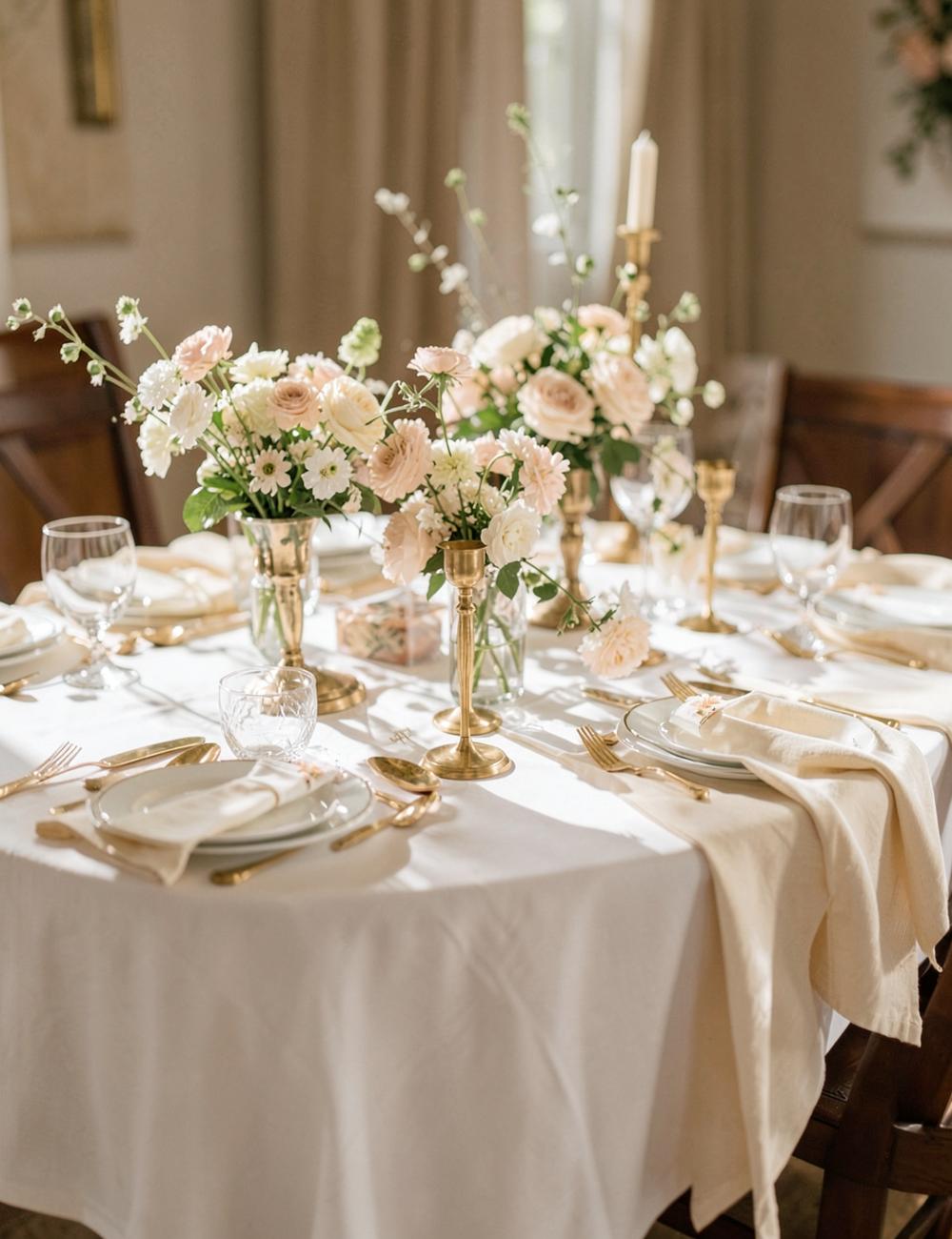 Mesa de comunión con mantel blanco, flores pálidas y candelabros de latón