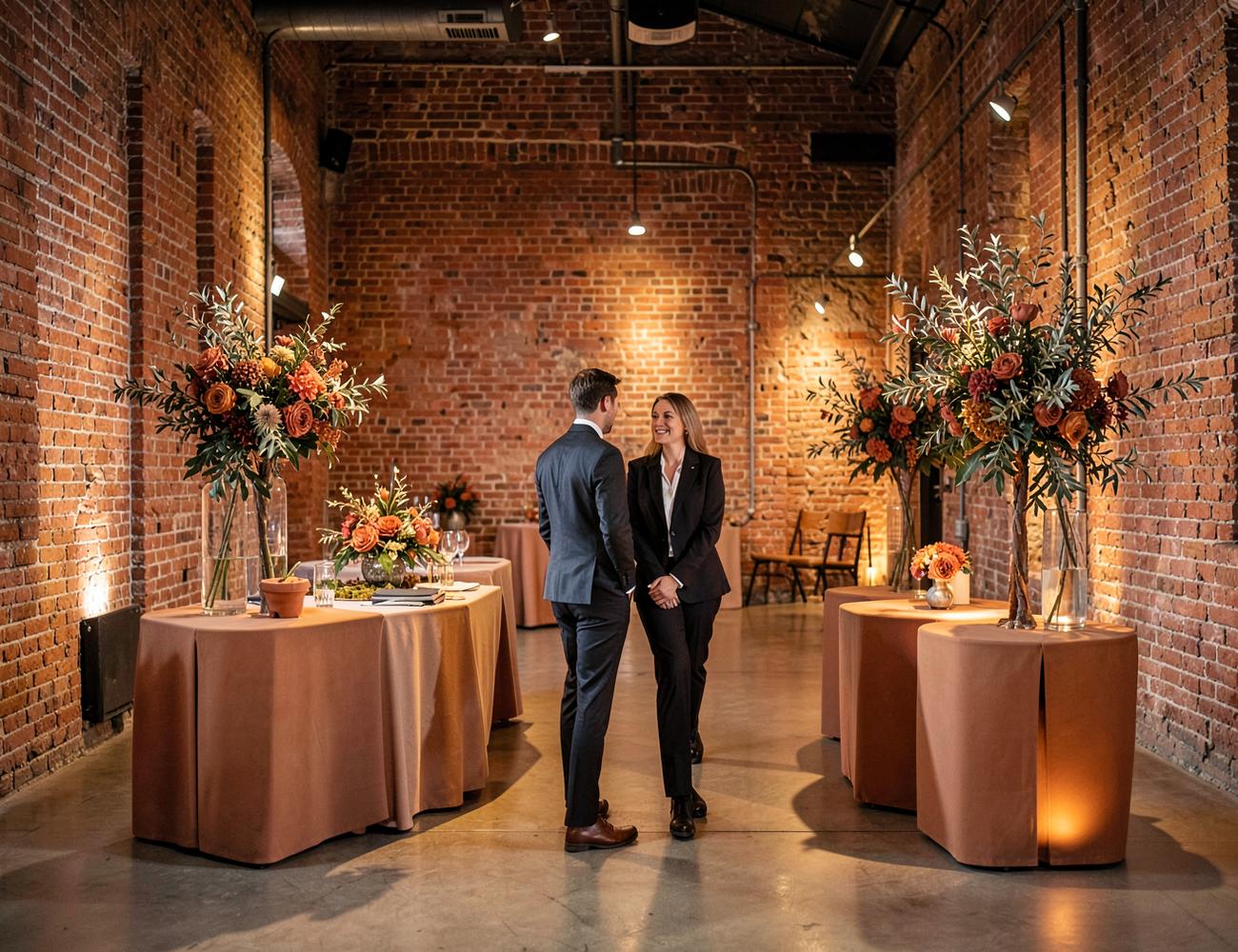 Espacio de ladrillo visto decorado con instalaciones florales para un evento de empresa